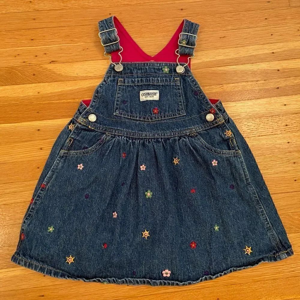 Osh Kosh B’Gosh Denim embroidered flower overall dress